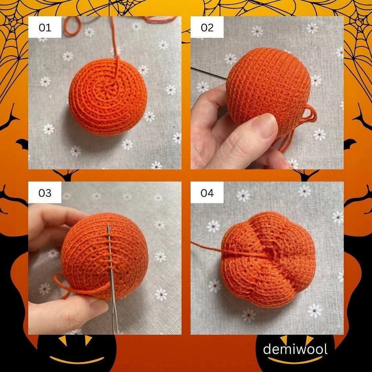 Demiwool’s original assembly figures 01 to 04 showing the closure, needle placement and pumpkin shaping.