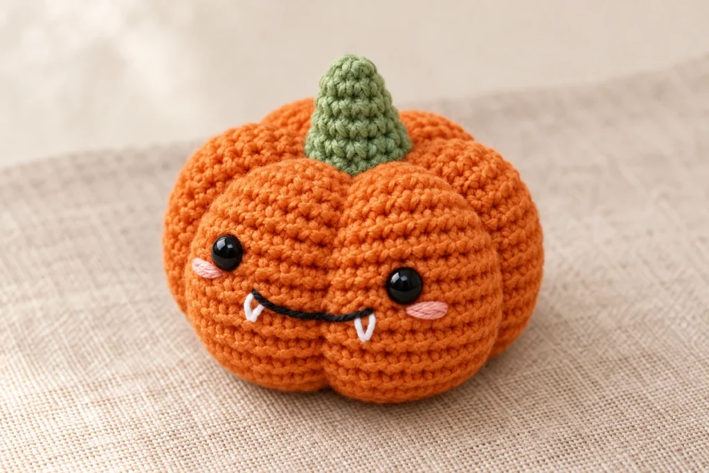 AI-generated orange crochet pumpkin concept with a green stem, embroidered cheeks and white teeth.