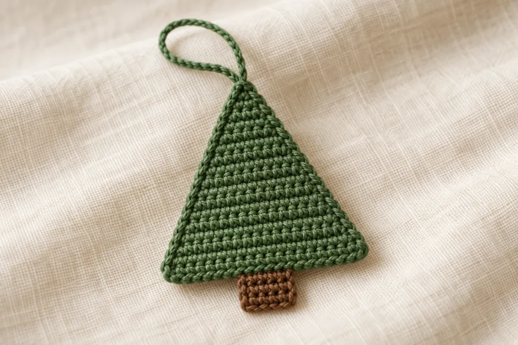 AI-generated green flat crochet Christmas tree ornament concept with a brown trunk and yarn hanging loop.